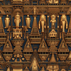 golden brown, deep blue, ancient egypt, egyptian gods, pharaohs, hieroglyphics, pyramids, geometric patterns, ornate details,, fabric panel, archaeological motifs, bronze tones, sacred symbols, ancient civilization, decorative borders, mythological figures, temple architecture, cultural artwork, historical design