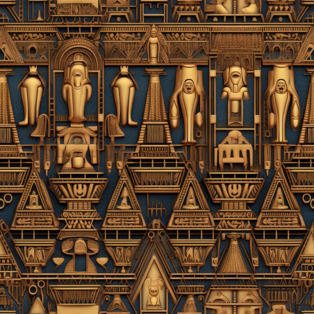 golden brown, deep blue, ancient egypt, egyptian gods, pharaohs, hieroglyphics, pyramids, geometric patterns, ornate details,, fabric panel, archaeological motifs, bronze tones, sacred symbols, ancient civilization, decorative borders, mythological figures, temple architecture, cultural artwork, historical design
