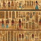 beige, turquoise, red, brown, ancient egypt, hieroglyphics, pharaohs, egyptian gods, pyramids, artifacts, papyrus style, cultural motifs,, fabric panel, historical theme, desert tones, mythological figures, archaeological elements, ancient civilization, decorative borders