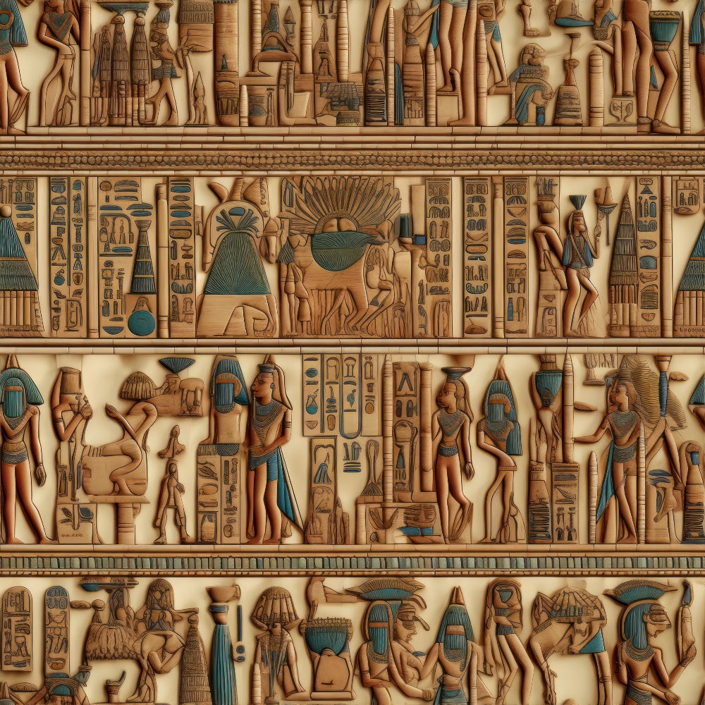 beige, tan, teal blue, hieroglyphics, egyptian gods, pharaohs, ancient figures, relief carvings, temple art, mythological scenes,, fabric panel, decorative border, stone texture, cultural motifs, historical design, repeating pattern, artistic illustration, crafting material