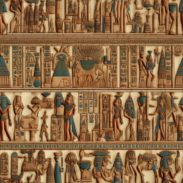 beige, tan, teal blue, hieroglyphics, egyptian gods, pharaohs, ancient figures, relief carvings, temple art, mythological scenes,, fabric panel, decorative border, stone texture, cultural motifs, historical design, repeating pattern, artistic illustration, crafting material