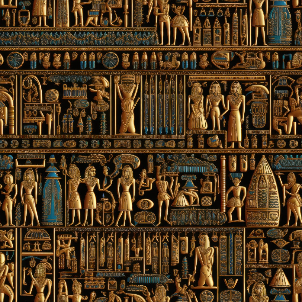 ancient egypt, hieroglyphics, pharaohs, golden brown, turquoise blue, egyptian gods, pyramids, sphinx, ankh symbols, mummies, papyrus scrolls, egyptian art,, fabric panel, archaeological motifs, tomb paintings, egyptian mythology, desert colors, ancient civilization, decorative borders