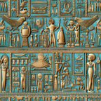 turquoise blue, golden bronze, ancient egypt, hieroglyphics, pharaohs, egyptian gods, winged scarabs, canopic jars, egyptian figures, relief carving style, archaeological motifs,, fabric panel, mystical symbols, ancient civilization, carved stone appearance, decorative borders, egyptian mythology, antiqued finish, repeating pattern