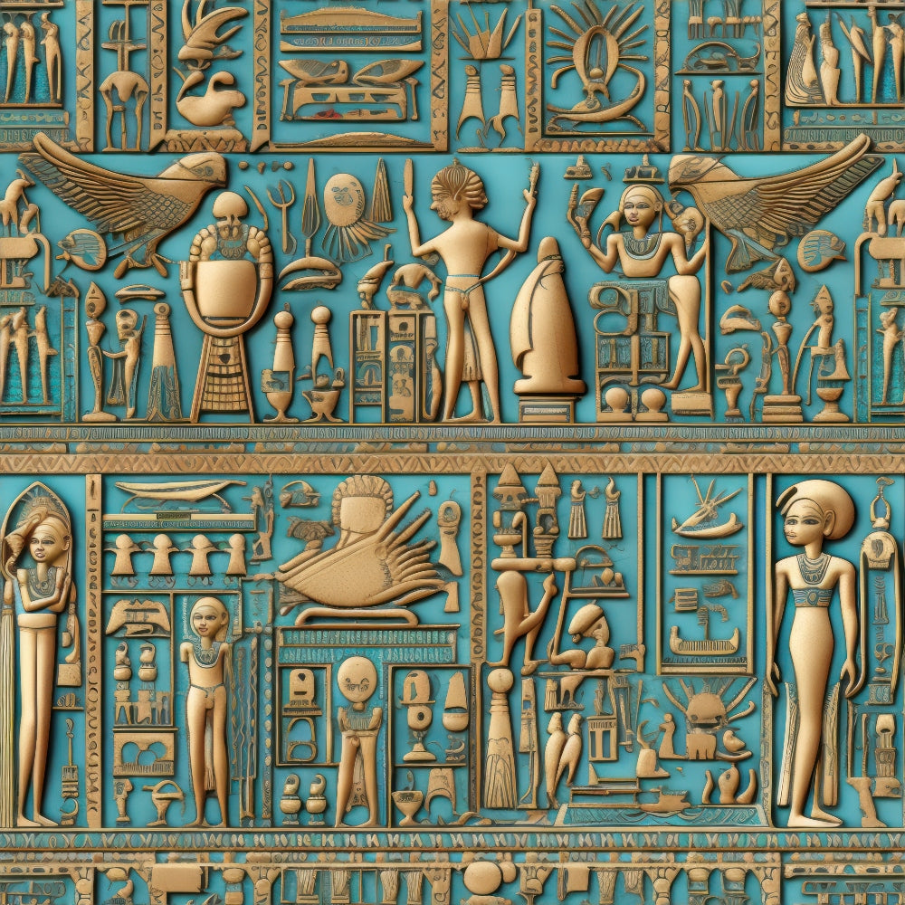 turquoise blue, golden bronze, ancient egypt, hieroglyphics, pharaohs, egyptian gods, winged scarabs, canopic jars, egyptian figures, relief carving style, archaeological motifs,, fabric panel, mystical symbols, ancient civilization, carved stone appearance, decorative borders, egyptian mythology, antiqued finish, repeating pattern
