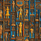 ancient egypt, egyptian hieroglyphs, pharaohs, golden orange, turquoise blue, egyptian gods, columns, pyramids, sphinx, archaeological motifs,, fabric panel, egyptian art style, historical pattern, ancient civilization, mythological figures, decorative borders, egyptian symbols, cultural design, bronze tones