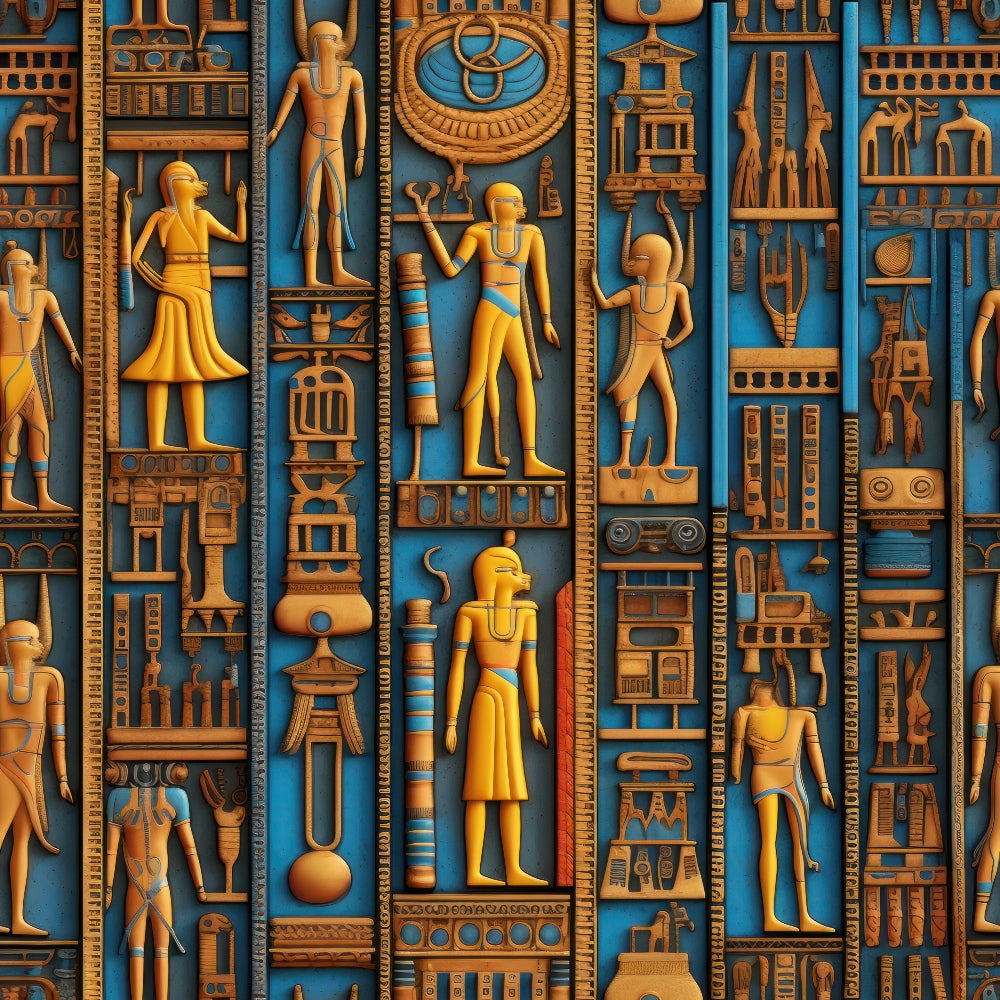 ancient egypt, egyptian hieroglyphs, pharaohs, golden orange, turquoise blue, egyptian gods, columns, pyramids, sphinx, archaeological motifs,, fabric panel, egyptian art style, historical pattern, ancient civilization, mythological figures, decorative borders, egyptian symbols, cultural design, bronze tones