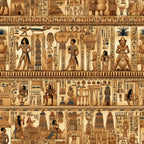 ancient egypt, hieroglyphics, pharaohs, egyptian gods, papyrus brown, golden tan, cream beige, turquoise blue,, fabric panel, archaeological motifs, tomb paintings, egyptian figures, ankh symbols, lotus flowers, pyramids, columns, pottery vessels, sacred birds, horizontal stripes, antiqued finish, historical theme, cotton fabric