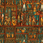 turquoise, orange, gold, brown, egyptian hieroglyphs, pharaohs, ancient gods, egyptian figures, geometric borders, archaeological scenes, tomb art style, ancient civilization,, fabric panel, mystical mood, historical pattern, egyptian mythology, decorative motifs, antiquated design, cultural artwork