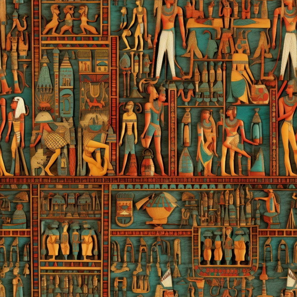 turquoise, orange, gold, brown, egyptian hieroglyphs, pharaohs, ancient gods, egyptian figures, geometric borders, archaeological scenes, tomb art style, ancient civilization,, fabric panel, mystical mood, historical pattern, egyptian mythology, decorative motifs, antiquated design, cultural artwork