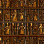 golden brown, bronze, amber, egyptian hieroglyphs, pharaohs, ancient gods, egyptian mythology, relief carvings, tomb art,, fabric panel, repeated motifs, archaeological style, ancient civilization, egyptian deities, ceremonial figures, ornate details, geometric borders, antiqued finish, historical patterns