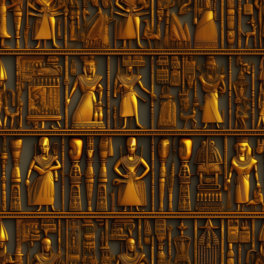 golden brown, bronze, amber, egyptian hieroglyphs, pharaohs, ancient gods, egyptian mythology, relief carvings, tomb art,, fabric panel, repeated motifs, archaeological style, ancient civilization, egyptian deities, ceremonial figures, ornate details, geometric borders, antiqued finish, historical patterns