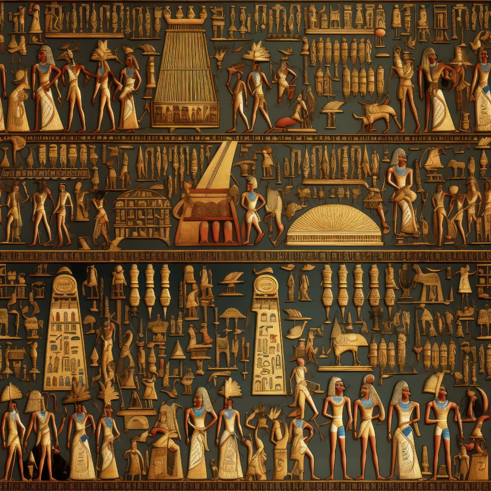 golden yellow, bronze, dark teal, ancient egypt, pharaohs, hieroglyphics, egyptian gods, pyramids, sphinxes, obelisks, ceremonial processions, egyptian figures, ornate columns, sacred animals, antiquated art style,, fabric panel, historical motifs, mythological scenes, decorative borders