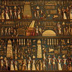 golden yellow, bronze, dark teal, ancient egypt, pharaohs, hieroglyphics, egyptian gods, pyramids, sphinxes, obelisks, ceremonial processions, egyptian figures, ornate columns, sacred animals, antiquated art style,, fabric panel, historical motifs, mythological scenes, decorative borders