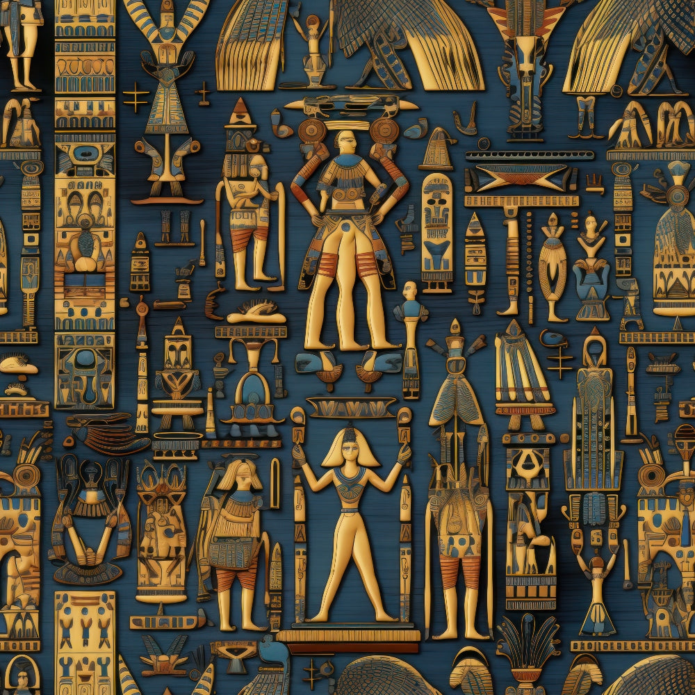 navy blue, golden bronze, ancient egypt, pharaohs, egyptian gods, hieroglyphics, columns, ankh symbols, sarcophagus, pyramids, egyptian artifacts,, fabric panel, geometric patterns, mythological figures, archaeological motifs, detailed illustration, cultural theme, historical design, ornate decorations