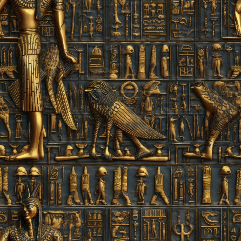 golden bronze, deep blue, ancient egypt, hieroglyphics, pharaoh figures, winged birds, egyptian gods, metallic finish, ornate patterns,, fabric panel, mythological creatures, archaeological motifs, ancient symbols, carved relief style, luxurious appearance, historical theme, decorative birds, egyptian art, antiqued gold