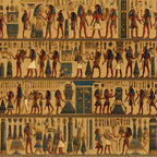 golden yellow, terracotta red, teal blue, hieroglyphics, egyptian figures, pharaohs, ancient deities, pyramids, ceremonial scenes, procession figures, papyrus style, mythological art,, fabric panel, historical motifs, repeating pattern, horizontal bands, cultural artwork, ancient civilization, decorative borders