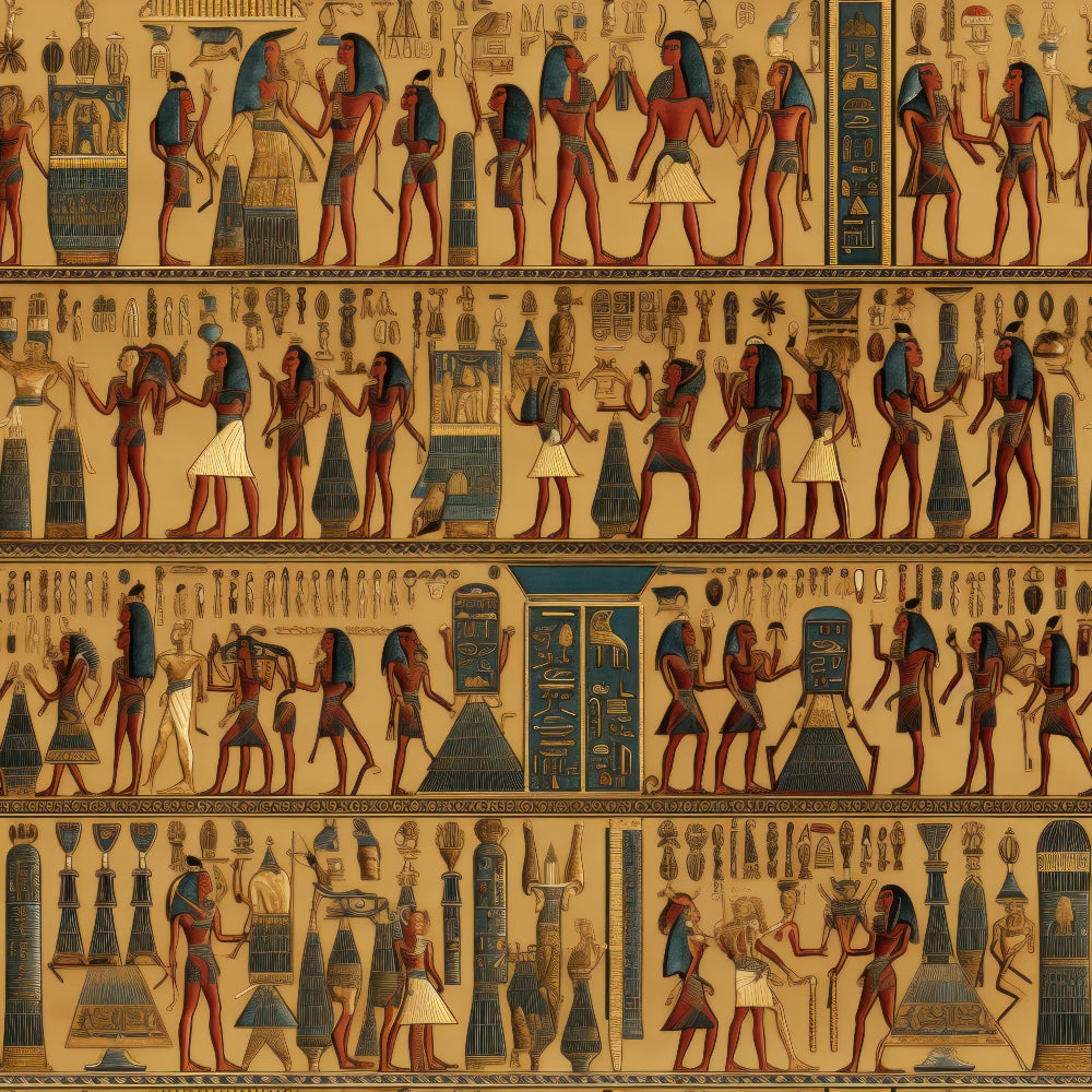 golden yellow, terracotta red, teal blue, hieroglyphics, egyptian figures, pharaohs, ancient deities, pyramids, ceremonial scenes, procession figures, papyrus style, mythological art,, fabric panel, historical motifs, repeating pattern, horizontal bands, cultural artwork, ancient civilization, decorative borders