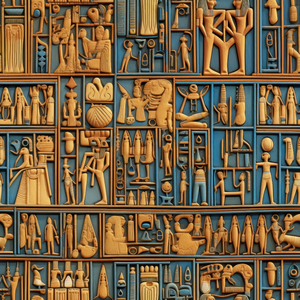 golden brown, turquoise blue, ancient egypt, hieroglyphics, pharaohs, egyptian gods, pyramids, sphinx, geometric patterns, archaeological motifs,, fabric panel, desert tones, cultural symbols, historical design, ornate details, stylized figures, ancient civilization, decorative blocks, egyptian mythology