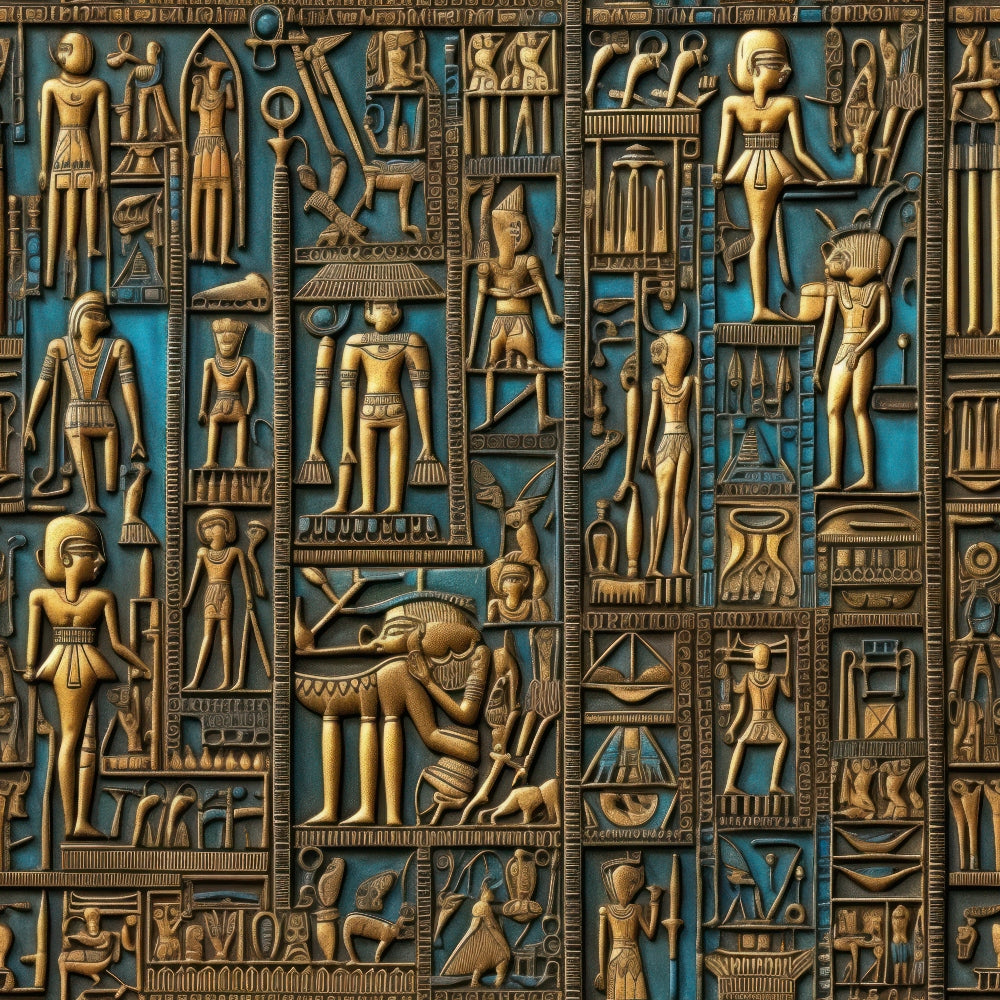 turquoise blue, golden bronze, hieroglyphics, egyptian figures, pharaohs, ancient symbols, relief carving, geometric patterns, mythology, archaeological,, fabric panel, ornate details, historical motifs, carved stone appearance, ancient civilization, decorative borders, egyptian gods, antiqued finish