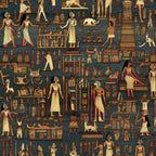 teal background, gold figures, cream accents, red details, ancient egypt, hieroglyphics, pharaohs, egyptian deities, pyramids, canopic jars, ankh symbols, egyptian boats, mummies, sarcophagus, temple columns, ancient artifacts,, fabric panel, egyptian mythology, archaeological motifs