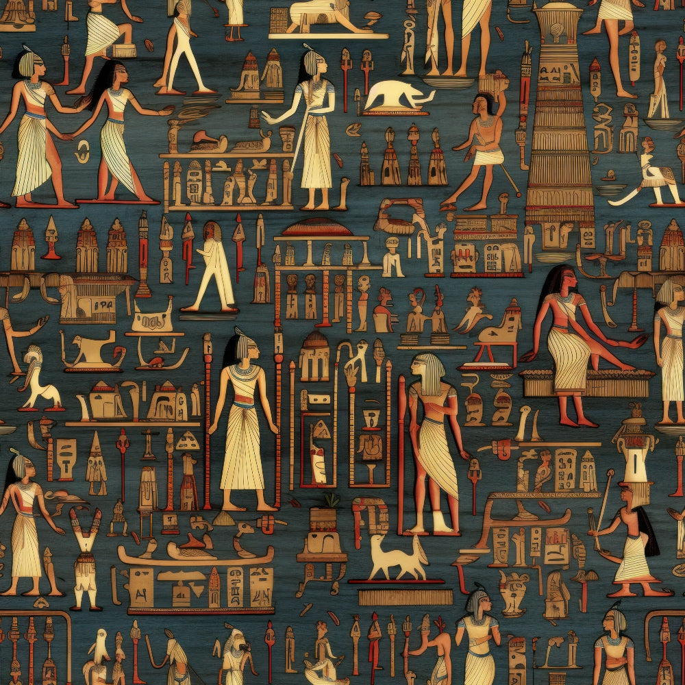 teal background, gold figures, cream accents, red details, ancient egypt, hieroglyphics, pharaohs, egyptian deities, pyramids, canopic jars, ankh symbols, egyptian boats, mummies, sarcophagus, temple columns, ancient artifacts,, fabric panel, egyptian mythology, archaeological motifs