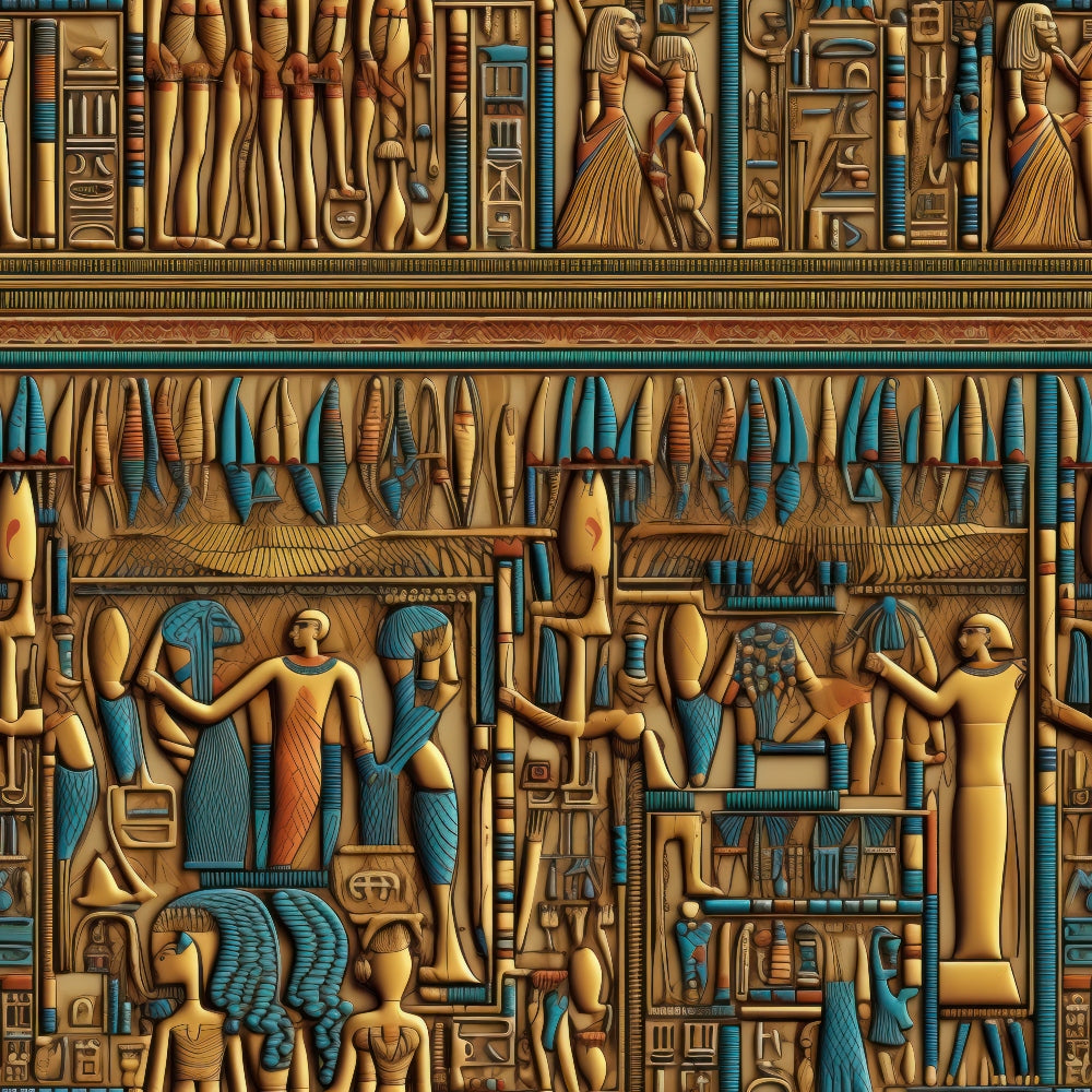 gold, turquoise, bronze, amber, egyptian hieroglyphics, pharaohs, ancient figures, relief carvings, tomb art, mythological scenes, geometric borders, ornate columns,, fabric panel, archaeological motifs, desert tones, carved stone appearance, ceremonial imagery, ancient civilization, decorative frieze