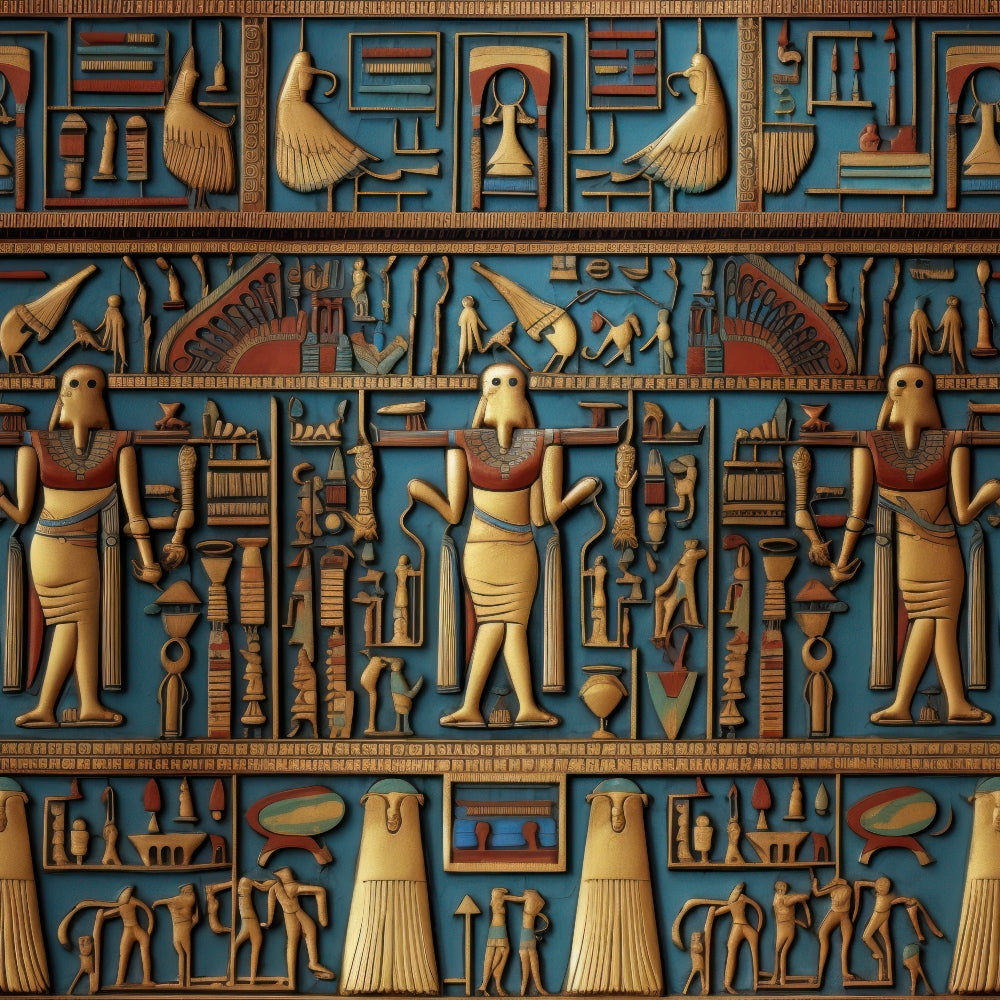turquoise blue, gold, bronze, ancient egypt, hieroglyphics, egyptian gods, winged figures, pharaohs, egyptian deities, geometric patterns, repeating motifs, ornate borders, mythological symbols,, fabric panel, decorative stripes, ancient civilizations, cultural artwork, detailed illustrations, egyptian mythology