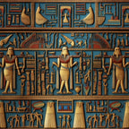 turquoise blue, gold, bronze, ancient egypt, hieroglyphics, egyptian gods, winged figures, pharaohs, egyptian deities, geometric patterns, repeating motifs, ornate borders, mythological symbols,, fabric panel, decorative stripes, ancient civilizations, cultural artwork, detailed illustrations, egyptian mythology