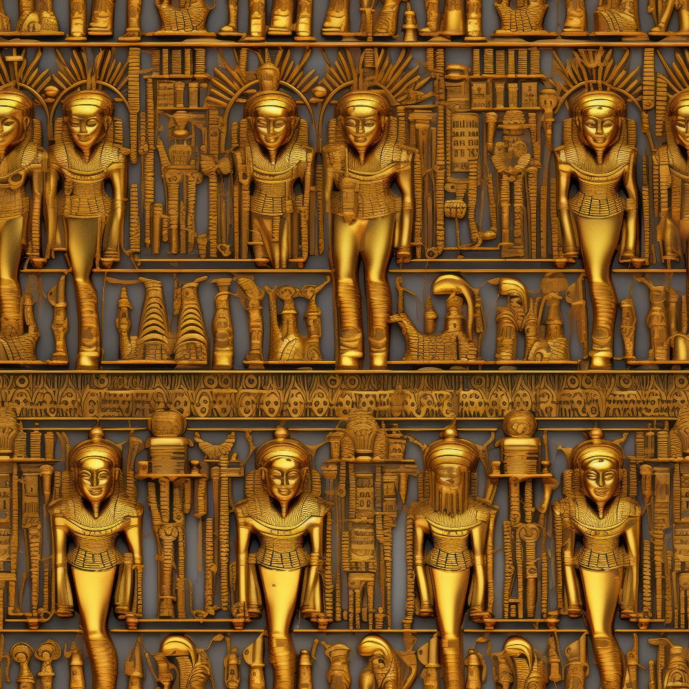 golden, bronze, amber, ancient egypt, pharaoh figures, egyptian deities, hieroglyphics, columns, archaeological, ornate patterns, metallic finish, antiquity, mythological, sacred symbols,, fabric panel, geometric borders, ancient civilization, repetitive motifs, cultural artifacts
