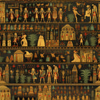 ancient egypt, hieroglyphics, pharaohs, pyramids, egyptian gods, golden yellow, teal blue, rust orange, black background, figures in profile, palm trees, temples, mythology, egyptian deities, horizontal stripes, repeating pattern,, fabric panel, archaeological motifs, ancient civilization