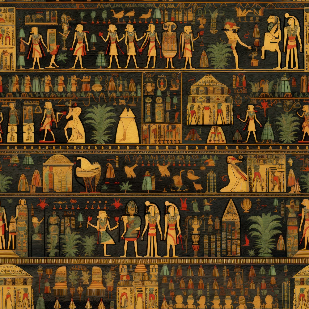 ancient egypt, hieroglyphics, pharaohs, pyramids, egyptian gods, golden yellow, teal blue, rust orange, black background, figures in profile, palm trees, temples, mythology, egyptian deities, horizontal stripes, repeating pattern,, fabric panel, archaeological motifs, ancient civilization