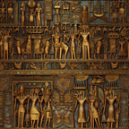 golden brown, bronze, ancient egyptian, hieroglyphics, pharaohs, deities, relief carvings, archaeological, mythological figures, egyptian gods, antiqued finish, carved stone appearance, historical motifs,, fabric panel, ancient civilization, bas-relief style, egyptian art, metallic tones, ornate patterns