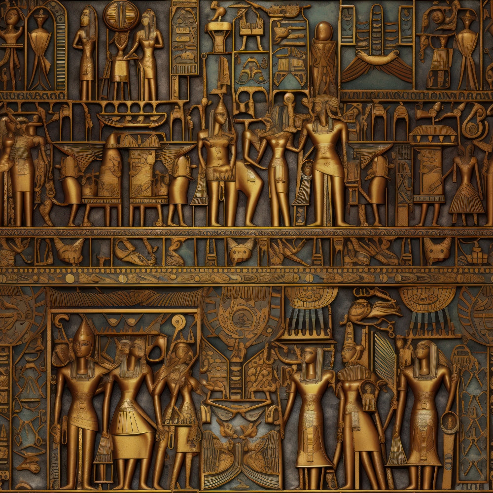 golden brown, bronze, ancient egyptian, hieroglyphics, pharaohs, deities, relief carvings, archaeological, mythological figures, egyptian gods, antiqued finish, carved stone appearance, historical motifs,, fabric panel, ancient civilization, bas-relief style, egyptian art, metallic tones, ornate patterns