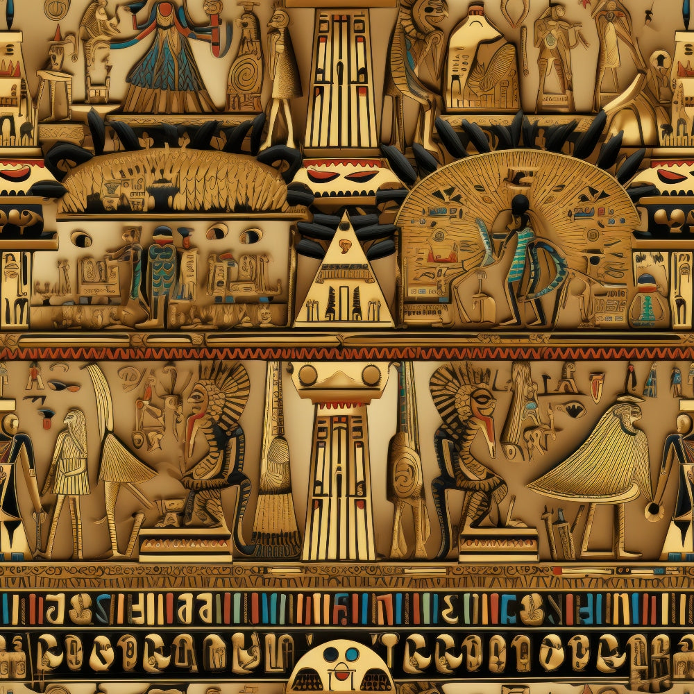 egyptian hieroglyphics, ancient egypt, pharaohs, pyramids, golden brown, tan, turquoise blue, red accents, mythological figures, winged scarab beetles, egyptian gods, architectural columns, sphinx, ankh symbols, eye of horus,, fabric panel, geometric borders, ancient civilization, archaeological motifs, desert tones, cultural artwork
