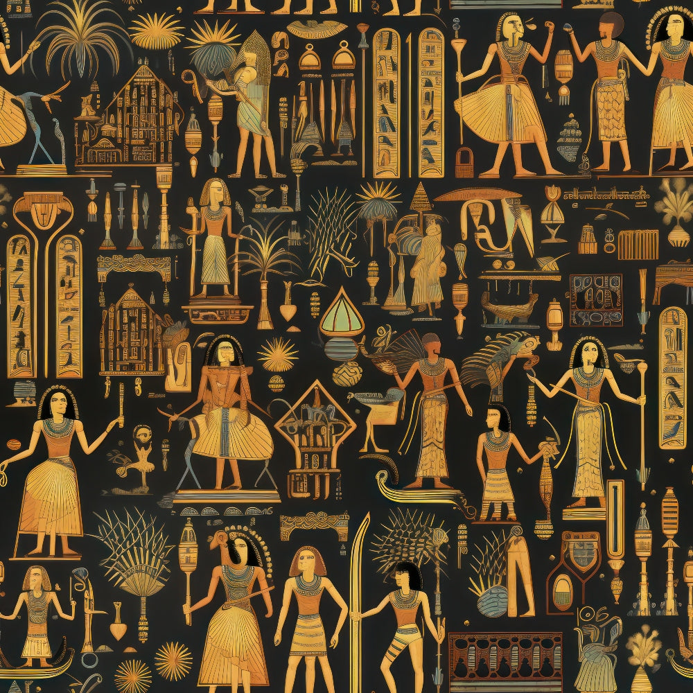 ancient egypt, egyptian motifs, pharaohs, hieroglyphics, golden yellow, amber, black background, pyramids, palm trees, egyptian figures, archaeological symbols,, fabric panel, historic patterns, cultural designs, egyptian art style, sphinx, temples, papyrus plants, ornate details