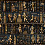 gold, bronze, black, ancient egypt, hieroglyphics, pharaohs, egyptian figures, pyramids, ankh symbols, deities, mythological, ornate patterns,, fabric panel, archaeological, cultural motifs, historical design, metallic finish, ceremonial scenes, ancient civilization