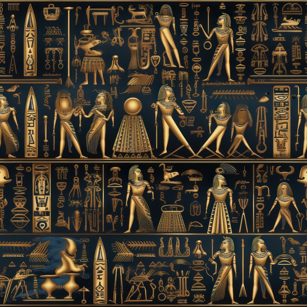 gold, bronze, black, ancient egypt, hieroglyphics, pharaohs, egyptian figures, pyramids, ankh symbols, deities, mythological, ornate patterns,, fabric panel, archaeological, cultural motifs, historical design, metallic finish, ceremonial scenes, ancient civilization