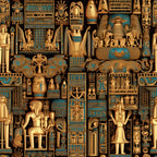 golden brown, turquoise blue, ancient egyptian, hieroglyphics, pharaohs, gods goddesses, ankh symbols, pyramids, sphinx, scarabs, winged deities, geometric patterns, mythological figures, archaeological motifs,, fabric panel, ornate designs, cultural artwork, historical theme, decorative blocks