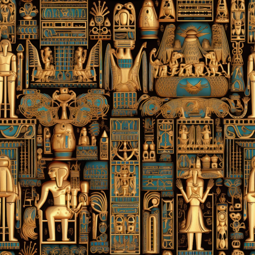 golden brown, turquoise blue, ancient egyptian, hieroglyphics, pharaohs, gods goddesses, ankh symbols, pyramids, sphinx, scarabs, winged deities, geometric patterns, mythological figures, archaeological motifs,, fabric panel, ornate designs, cultural artwork, historical theme, decorative blocks