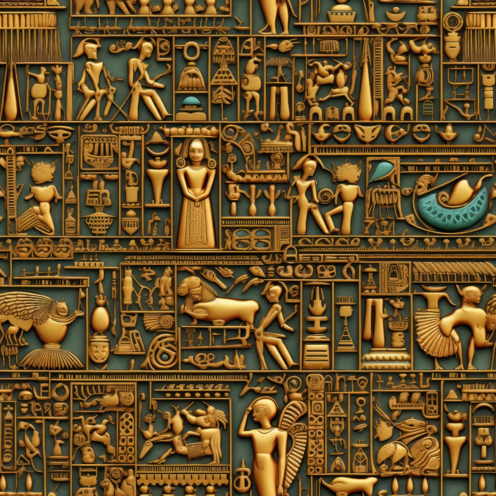golden brown, turquoise blue, ancient egypt, hieroglyphics, pharaohs, egyptian gods, pyramids, sphinx, ankh symbols, papyrus scrolls, egyptian figures, archaeological motifs, ornate patterns, geometric designs,, fabric panel, mythological creatures, ancient civilization, decorative relief, carved appearance