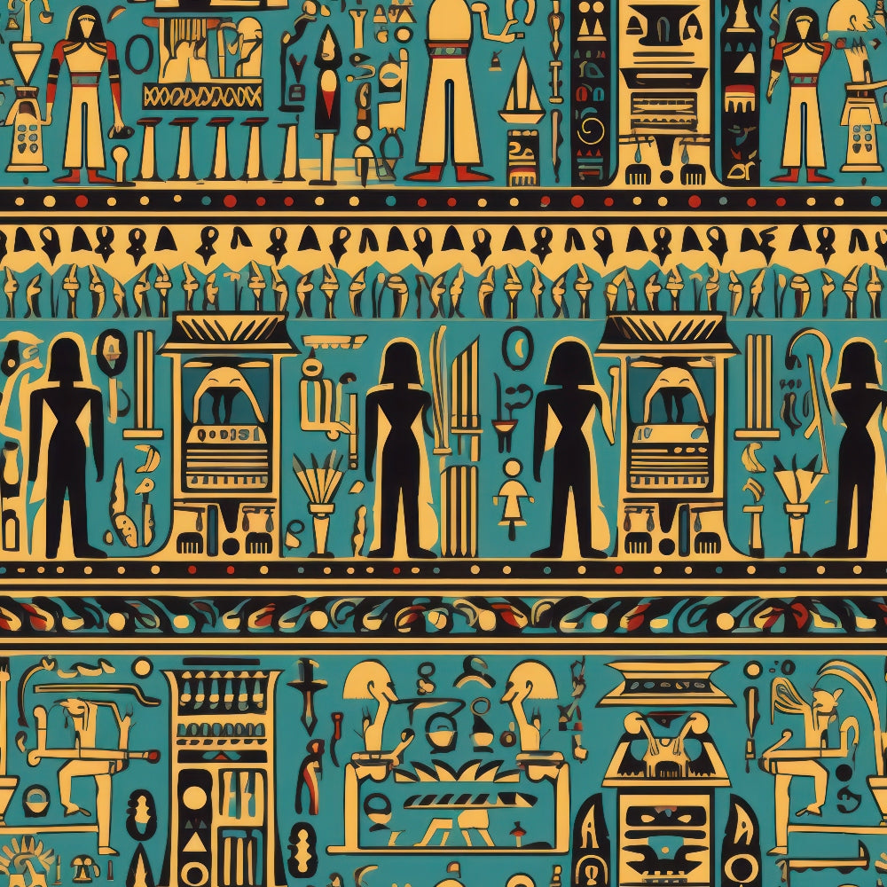 teal background, golden yellow, ancient egypt, hieroglyphics, pharaohs, egyptian figures, gods and goddesses, pyramids, columns, sacred symbols, ankh symbols, repeating pattern, horizontal bands, silhouettes, ornate borders, mythological scenes,, fabric panel, ancient civilization, decorative motifs