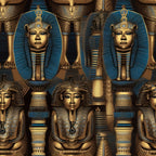 egyptian pharaohs, golden yellow, turquoise blue, bronze, ancient egypt, pharaoh masks, hieroglyphics, royal headdress, egyptian columns, ornate patterns, metallic finish, historical motifs,, fabric panel, geometric designs, cultural art, ancient civilization, decorative elements, egyptian mythology, regal imagery