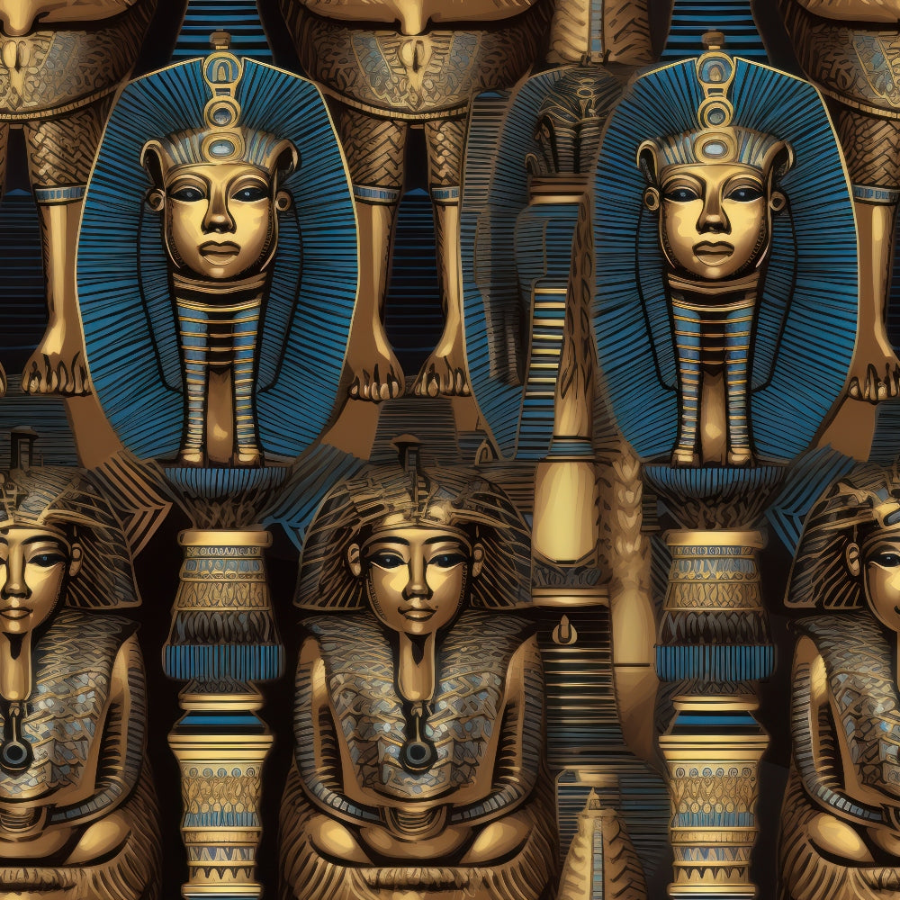 egyptian pharaohs, golden yellow, turquoise blue, bronze, ancient egypt, pharaoh masks, hieroglyphics, royal headdress, egyptian columns, ornate patterns, metallic finish, historical motifs,, fabric panel, geometric designs, cultural art, ancient civilization, decorative elements, egyptian mythology, regal imagery