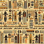 ancient egypt, hieroglyphics, egyptian gods, pharaohs, pyramids, ankh symbols, golden yellow, burnt orange, black, beige, tan, geometric patterns, repeating motifs, cultural symbols,, fabric panel, archaeological theme, sacred imagery, egyptian art, historical design