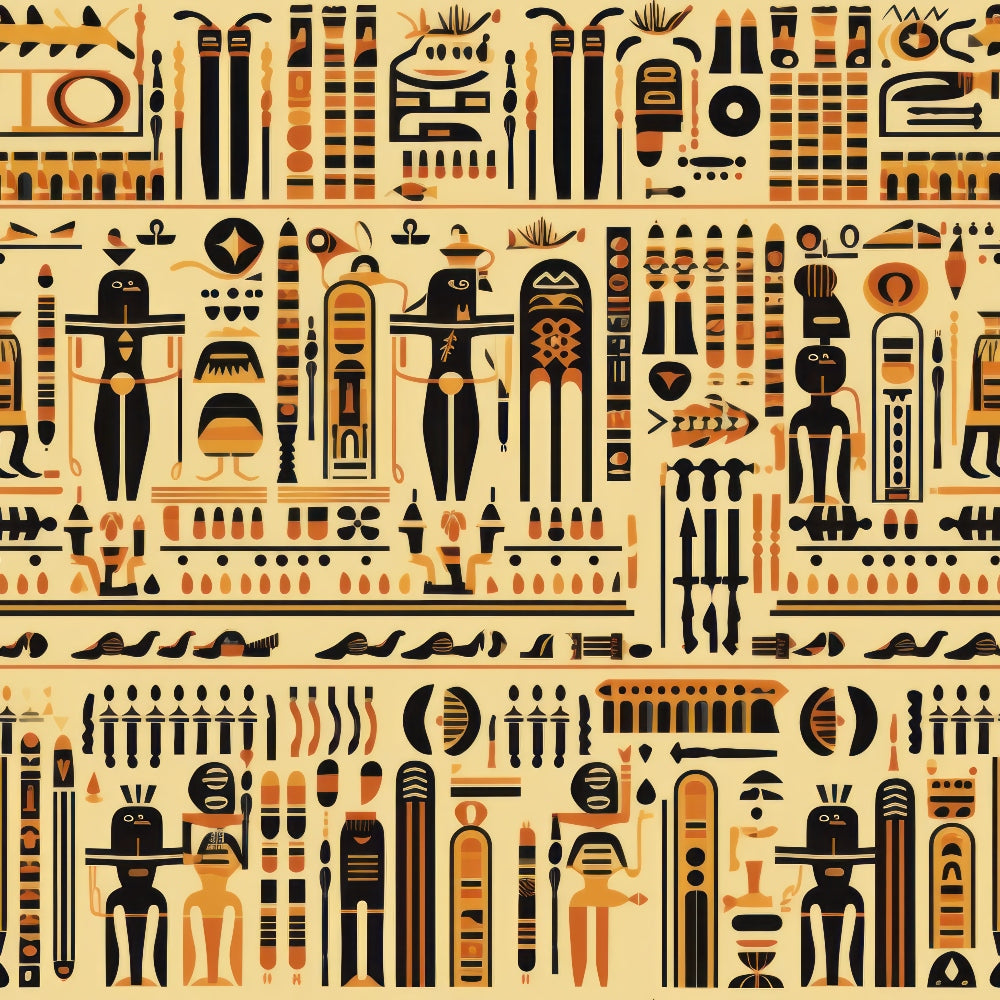 ancient egypt, hieroglyphics, egyptian gods, pharaohs, pyramids, ankh symbols, golden yellow, burnt orange, black, beige, tan, geometric patterns, repeating motifs, cultural symbols,, fabric panel, archaeological theme, sacred imagery, egyptian art, historical design