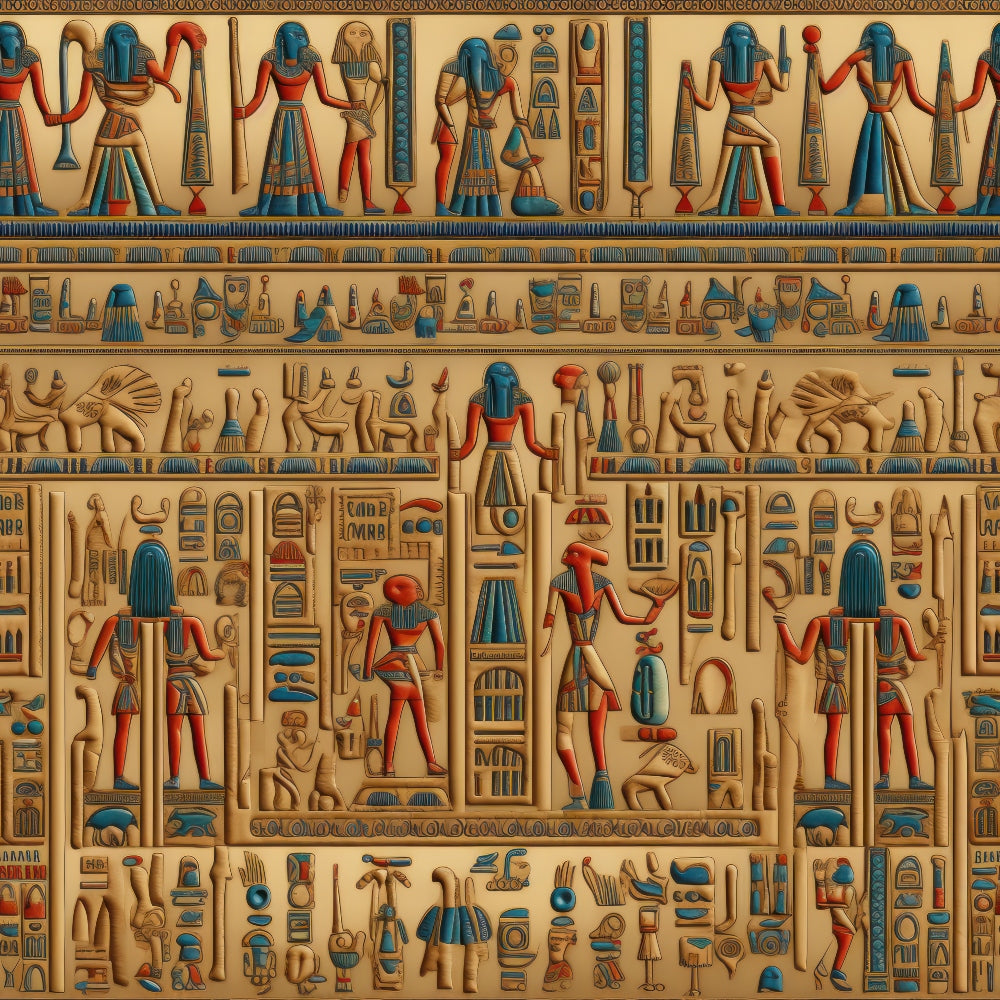 ancient egypt, hieroglyphics, pharaohs, egyptian gods, turquoise blue, rust red, golden tan, papyrus background, mythological figures, ankh symbols, egyptian deities,, fabric panel, archaeological motifs, middle eastern, desert tones, sacred symbols, ancient civilization, repeating pattern, cultural artwork