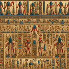 ancient egypt, hieroglyphics, pharaohs, egyptian gods, turquoise blue, rust red, golden tan, papyrus background, mythological figures, ankh symbols, egyptian deities,, fabric panel, archaeological motifs, middle eastern, desert tones, sacred symbols, ancient civilization, repeating pattern, cultural artwork