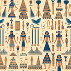 ancient egypt, egyptian hieroglyphs, pharaoh figures, pyramids, blue orange beige, geometric patterns, archaeological motifs, repeating design,, fabric panel, cultural symbols, historical artwork, tribal patterns, desert colors, ancient civilization, stylized characters, decorative elements, craft fabric, sewing material