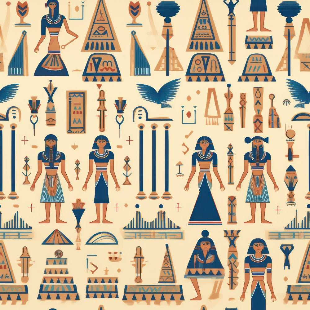 ancient egypt, egyptian hieroglyphs, pharaoh figures, pyramids, blue orange beige, geometric patterns, archaeological motifs, repeating design,, fabric panel, cultural symbols, historical artwork, tribal patterns, desert colors, ancient civilization, stylized characters, decorative elements, craft fabric, sewing material