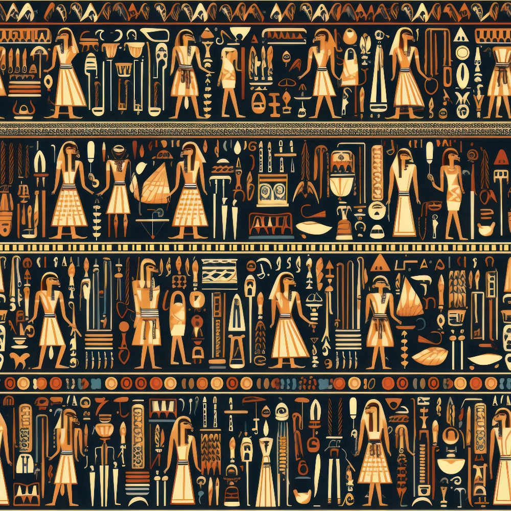 ancient egypt, hieroglyphics, pharaohs, egyptian gods, golden yellow, burnt orange, deep black, terra cotta, geometric patterns, sacred symbols,, fabric panel, archaeological motifs, desert colors, mythological figures, repetitive borders, cultural artwork, historical design, earthy tones, decorative bands